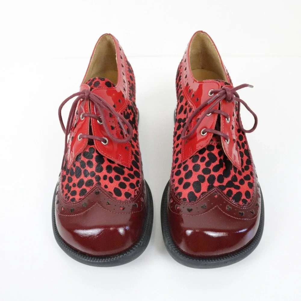 John Fluevog Rosamund Lace-Up Heels with Brogue Hearts 7 Burgundy Pony Hair